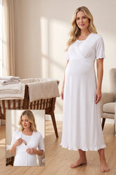 Pleated Sleeves Wrap Maternity & Nursing Nightgown Ecru - 3033