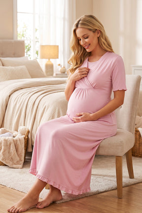 Pleated Sleeves Wrap Maternity & Nursing Nightgown Pink - 3033