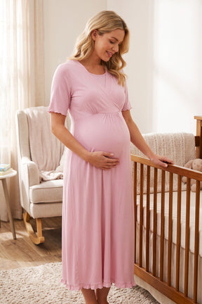 Pleated Sleeves Wrap Maternity & Nursing Nightgown Pink - 3033