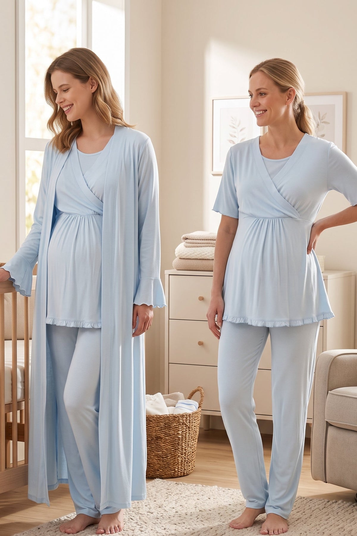 Pleated Sleeves Wrap 3-Piece Maternity-Nursing Pajama & Robe Set Blue - 3034