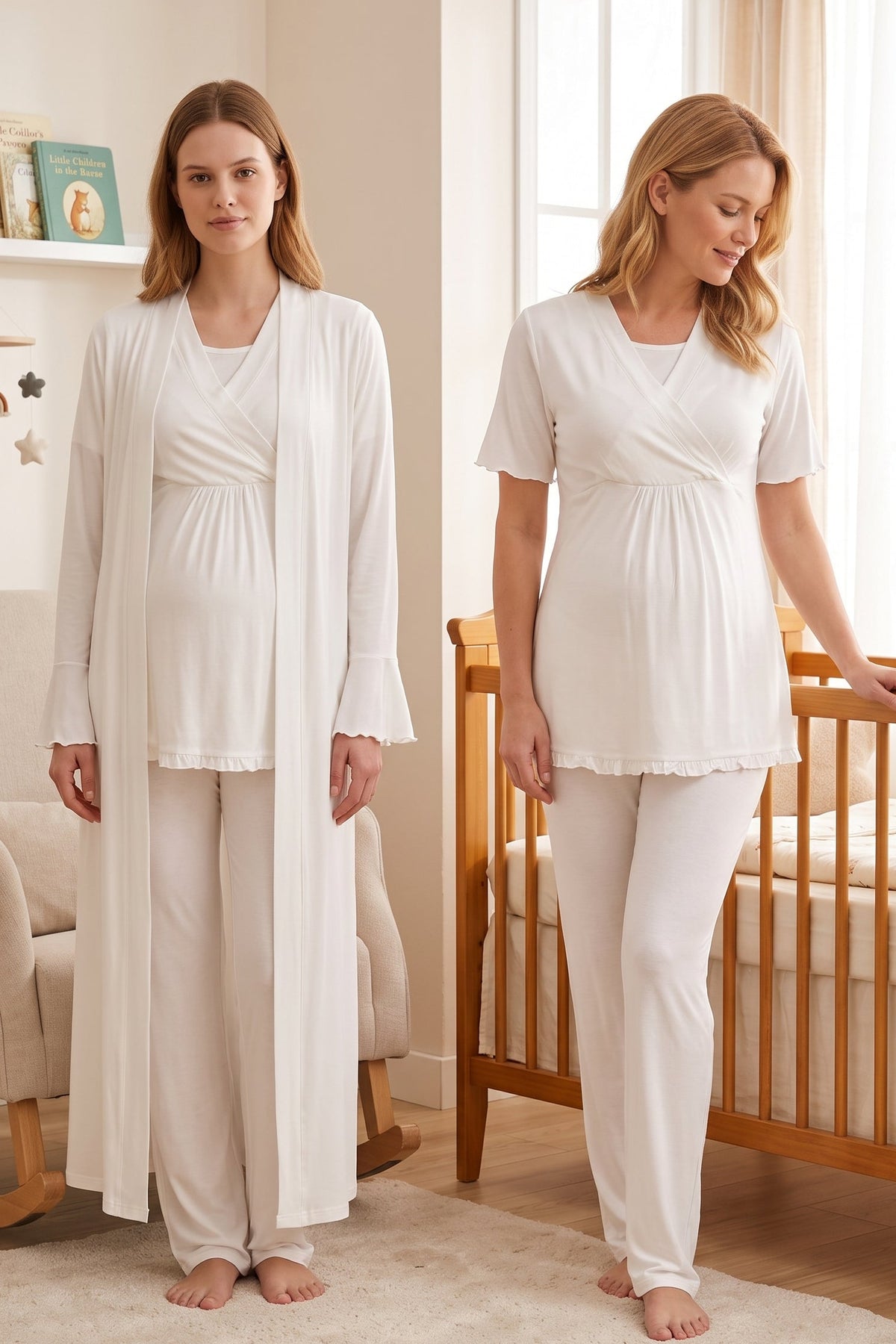 Pleated Sleeves Wrap 3-Piece Maternity-Nursing Pajama & Robe Set Ecru - 3034