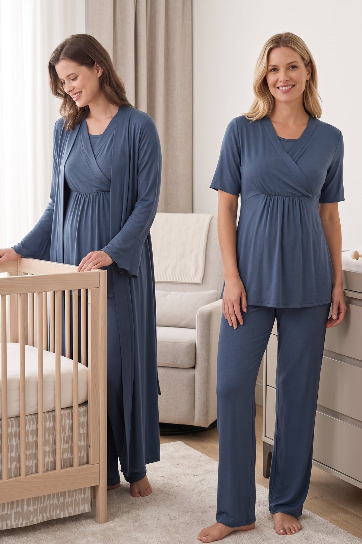 Pleated Sleeves Wrap 3-Piece Maternity-Nursing Pajama & Robe Set Indigo - 3034