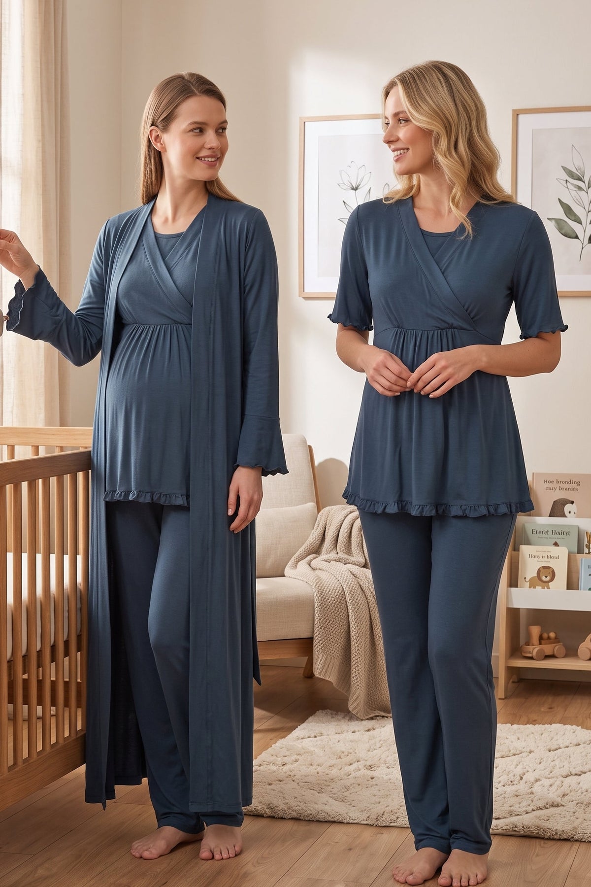 Pleated Sleeves Wrap 3-Piece Maternity-Nursing Pajama & Robe Set Indigo - 3034