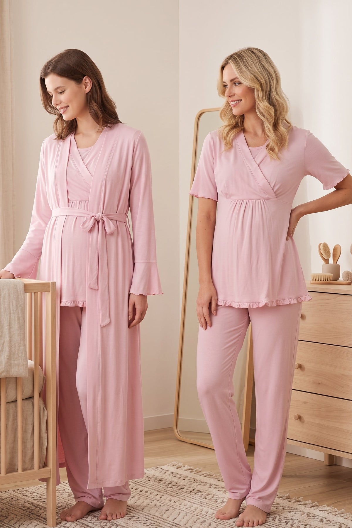Pleated Sleeves Wrap 3-Piece Maternity-Nursing Pajama & Robe Set Pink - 3034