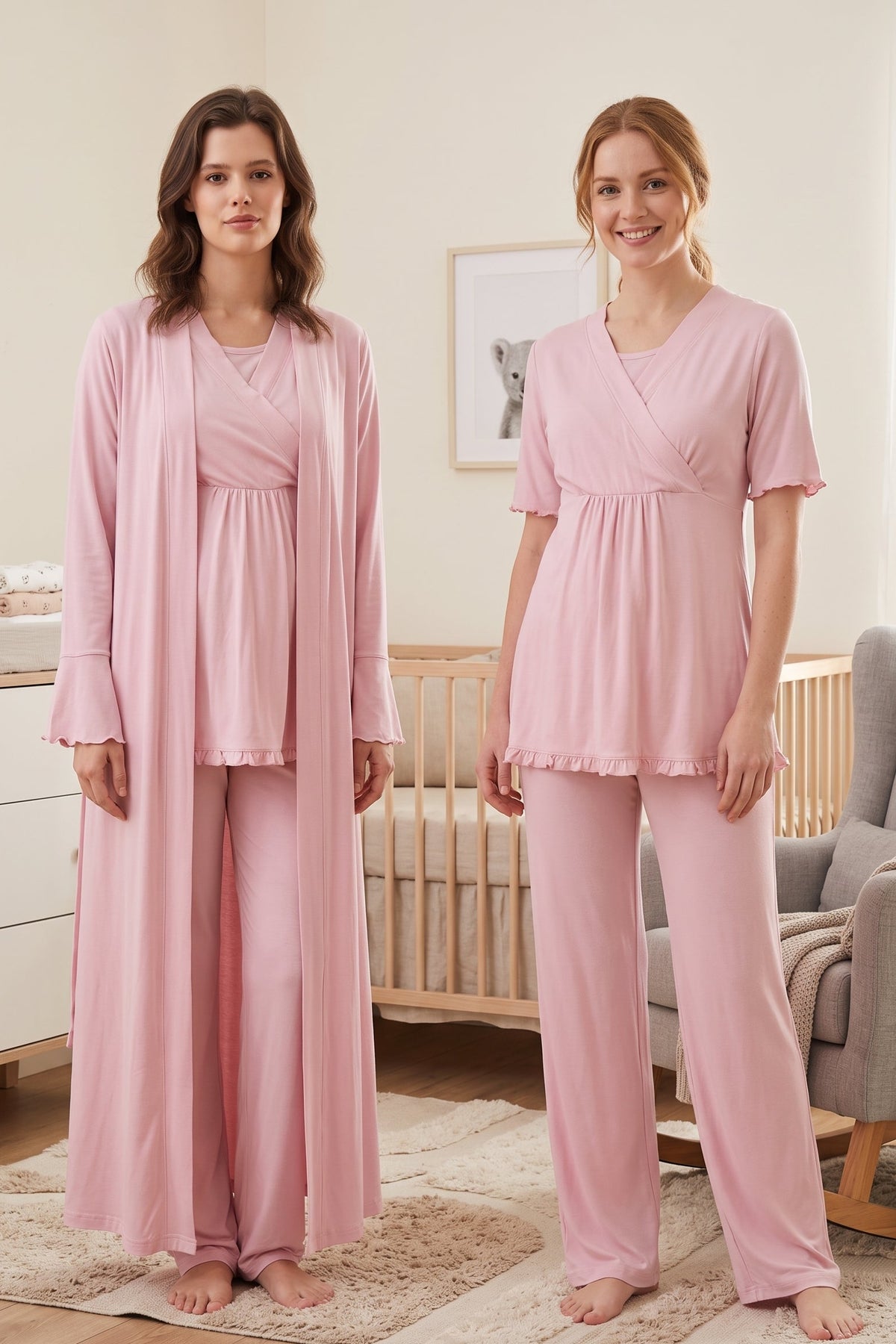 Pleated Sleeves Wrap 3-Piece Maternity-Nursing Pajama & Robe Set Pink - 3034