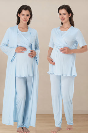 Pleated Sleeves Wrap 3-Piece Maternity-Nursing Pajama & Robe Set Blue - 3034