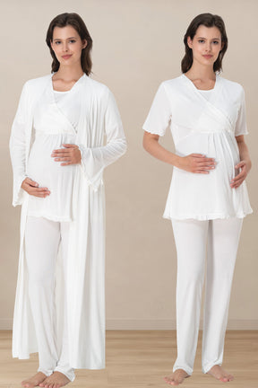 Pleated Sleeves Wrap 3-Piece Maternity-Nursing Pajama & Robe Set Ecru - 3034