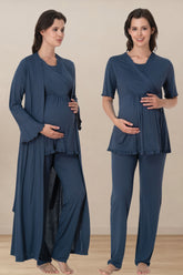 Pleated Sleeves Wrap 3-Piece Maternity-Nursing Pajama & Robe Set Navy Blue - 3034