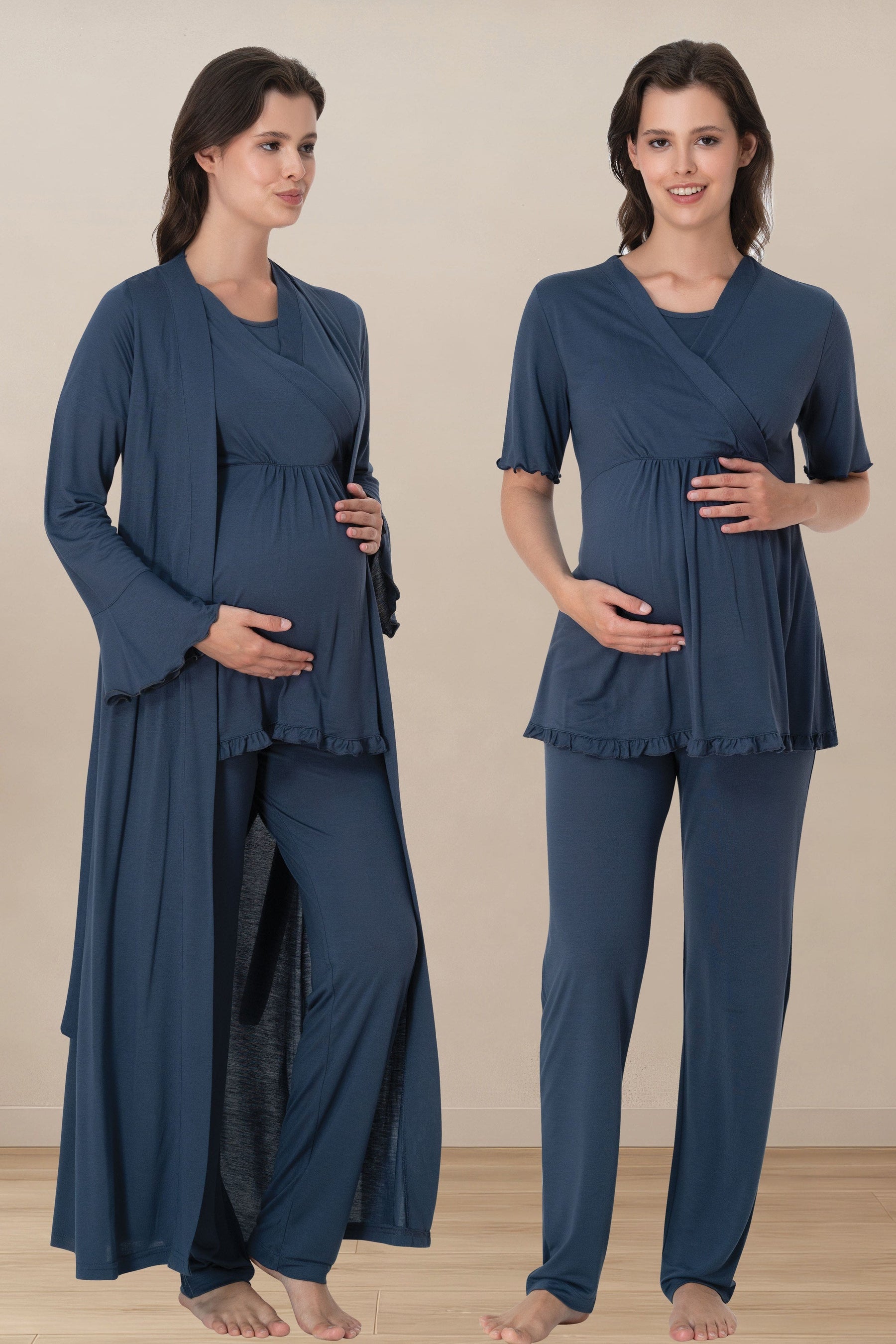Pleated Sleeves Wrap 3-Piece Maternity-Nursing Pajama & Robe Set Navy Blue - 3034