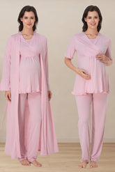 Pleated Sleeves Wrap 3-Piece Maternity-Nursing Pajama & Robe Set Pink - 3034