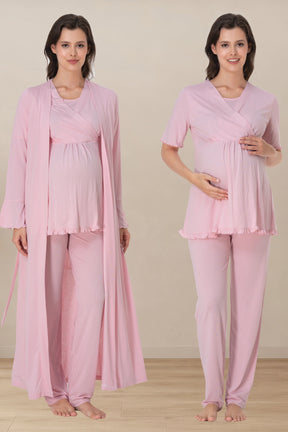 Pleated Sleeves Wrap 3-Piece Maternity-Nursing Pajama & Robe Set Pink - 3034