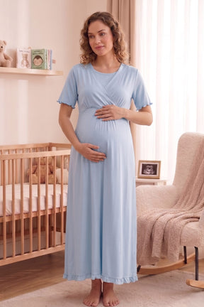 Pleated Sleeves Wrap Maternity-Nursing Nightgown & Robe Set Blue - 3035