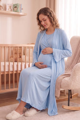 Pleated Sleeves Wrap Maternity-Nursing Nightgown & Robe Set Blue - 3035