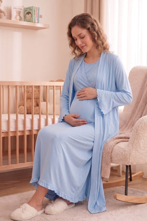 Pleated Sleeves Wrap Maternity-Nursing Nightgown & Robe Set Blue - 3035