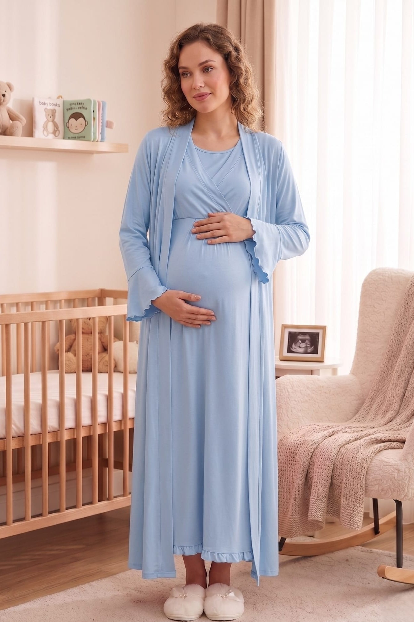 Pleated Sleeves Wrap Maternity-Nursing Nightgown & Robe Set Blue - 3035