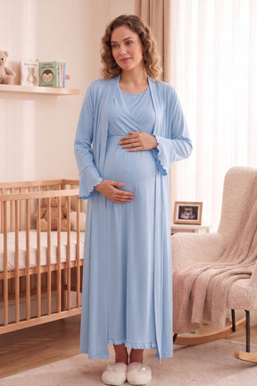 Pleated Sleeves Wrap Maternity-Nursing Nightgown & Robe Set Blue - 3035