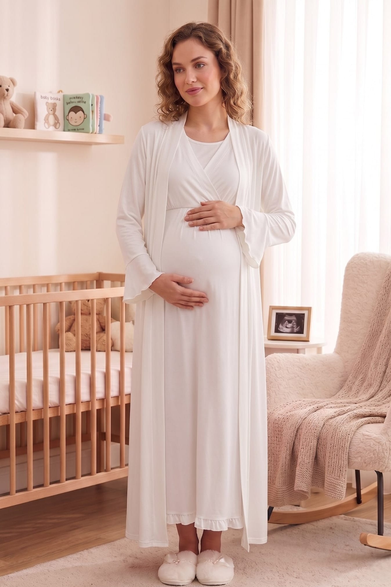 طقم ثوب نوم وروب بأكمام مطوية للحوامل والرضاعة إكرو - 3035