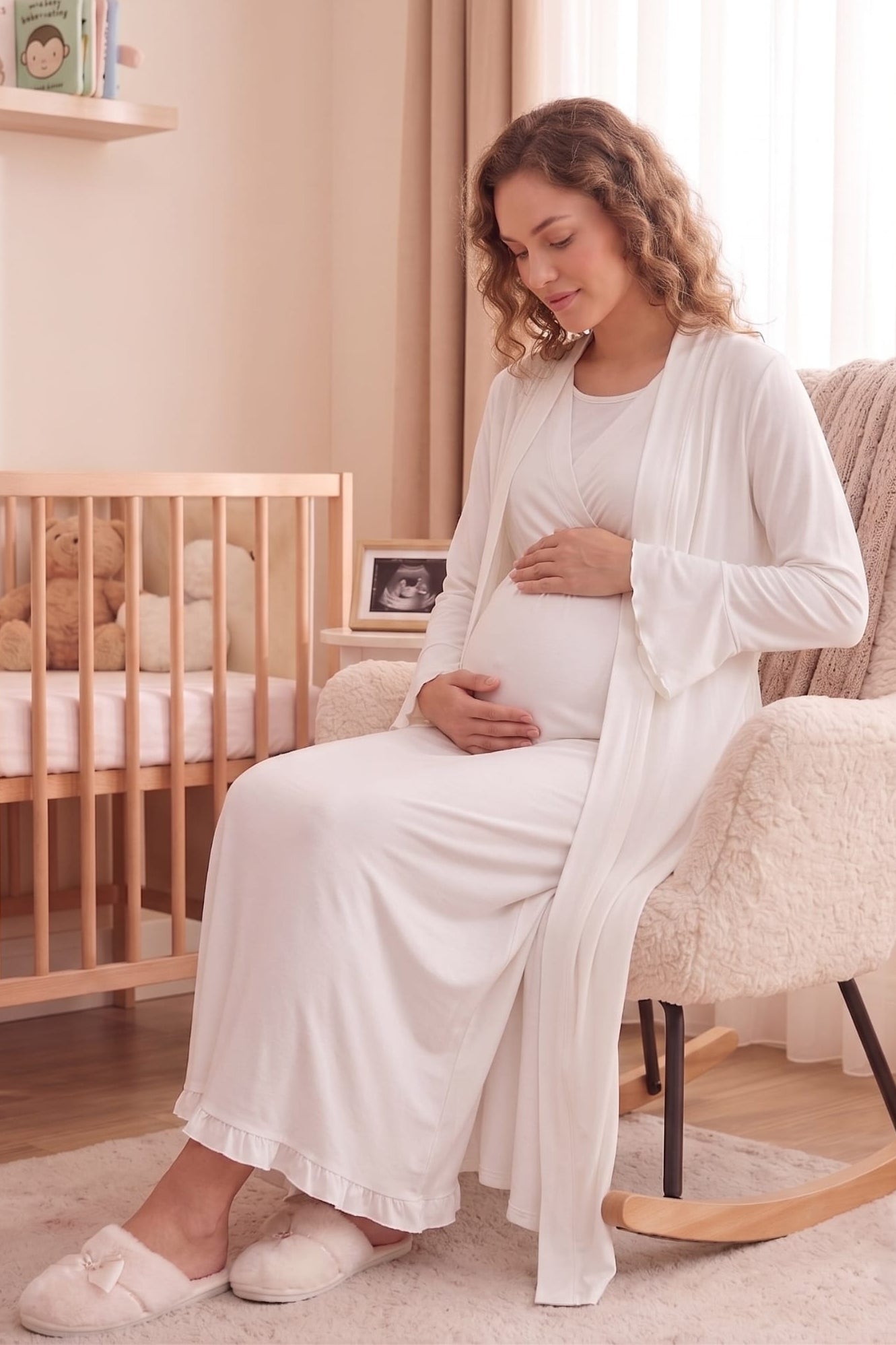 طقم ثوب نوم وروب بأكمام مطوية للحوامل والرضاعة إكرو - 3035