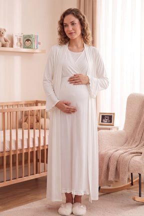 Pleated Sleeves Wrap Maternity-Nursing Nightgown & Robe Set Ecru - 3035