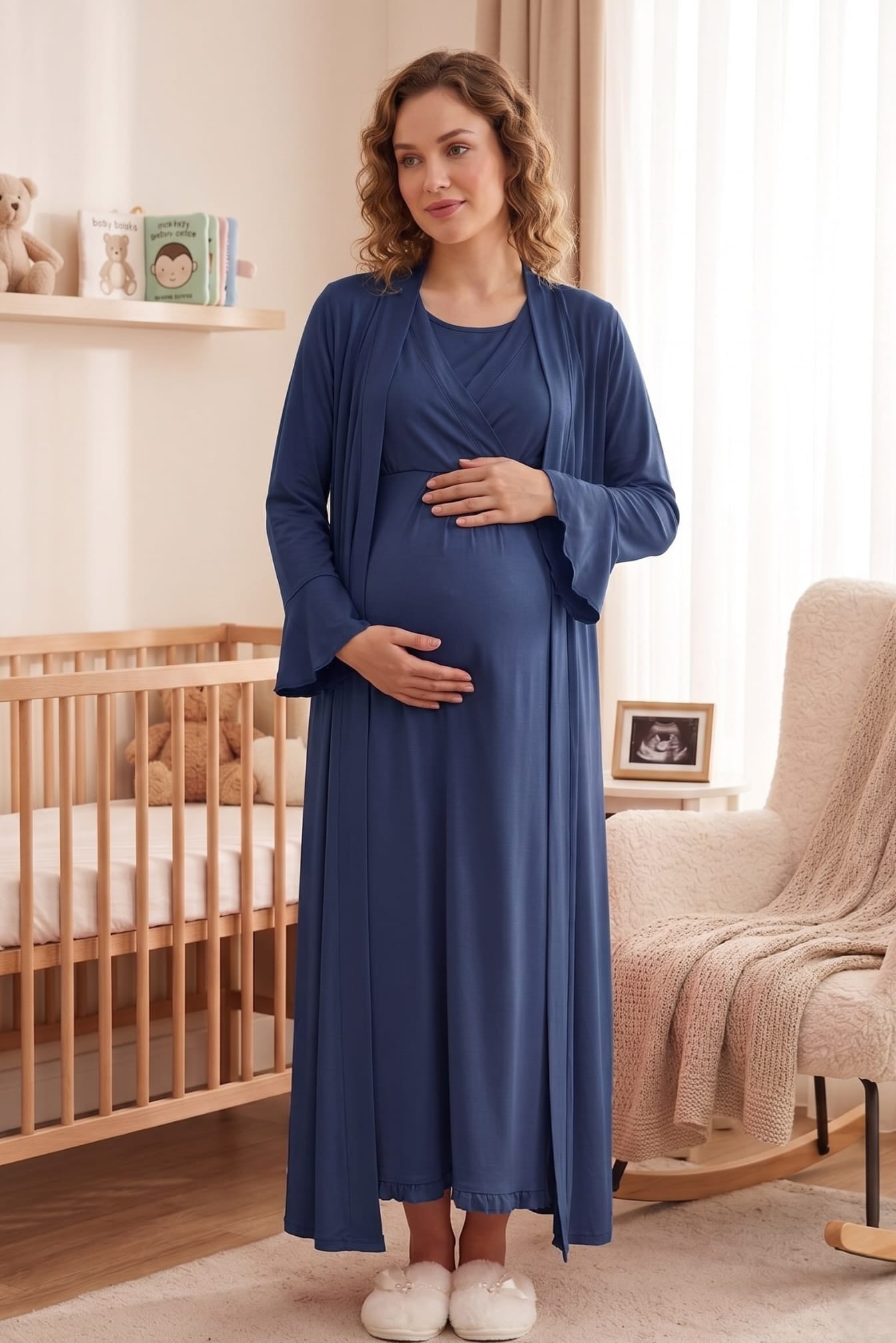 طقم ثوب نوم وروب بأكمام مطوية للحوامل والرضاعة نيلي - 3035