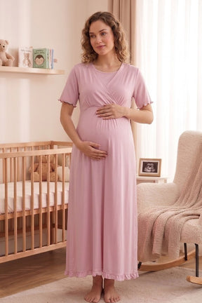 Pleated Sleeves Wrap Maternity-Nursing Nightgown & Robe Set Pink - 3035
