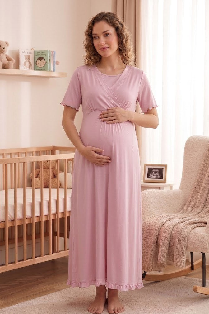 Pleated Sleeves Wrap Maternity-Nursing Nightgown & Robe Set Pink - 3035