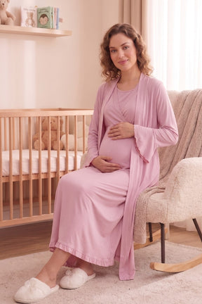 Pleated Sleeves Wrap Maternity-Nursing Nightgown & Robe Set Pink - 3035