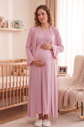 Pleated Sleeves Wrap Maternity-Nursing Nightgown & Robe Set Pink - 3035