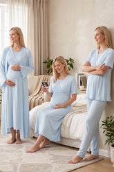 Pleated Sleeves Wrap 4-Piece Maternity-Nursing Set Blue - 3036