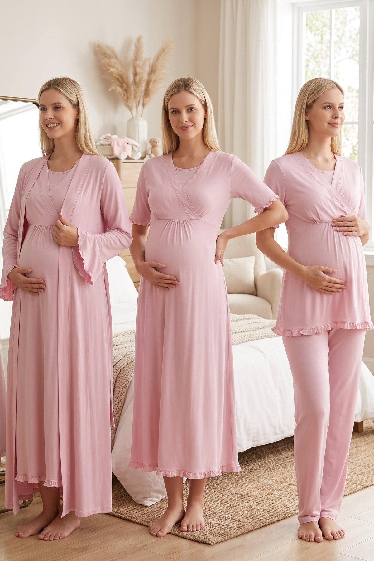 Pleated Sleeves Wrap 4-Piece Maternity-Nursing Set Pink - 3036