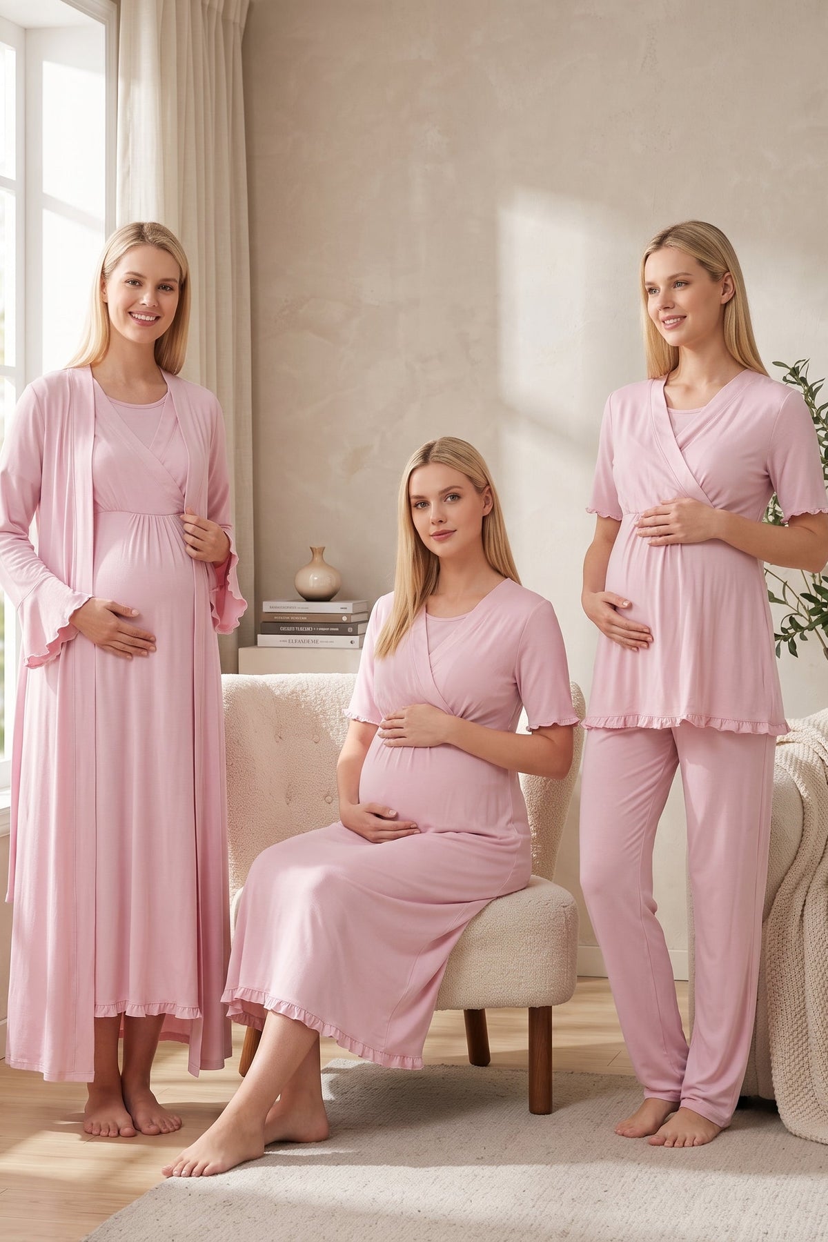 Pleated Sleeves Wrap 4-Piece Maternity-Nursing Set Pink - 3036