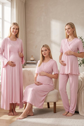 Pleated Sleeves Wrap 4-Piece Maternity-Nursing Set Pink - 3036