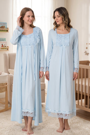 Lace Sleeve Maternity-Nursing Nightgown & Robe Set Blue - 3041