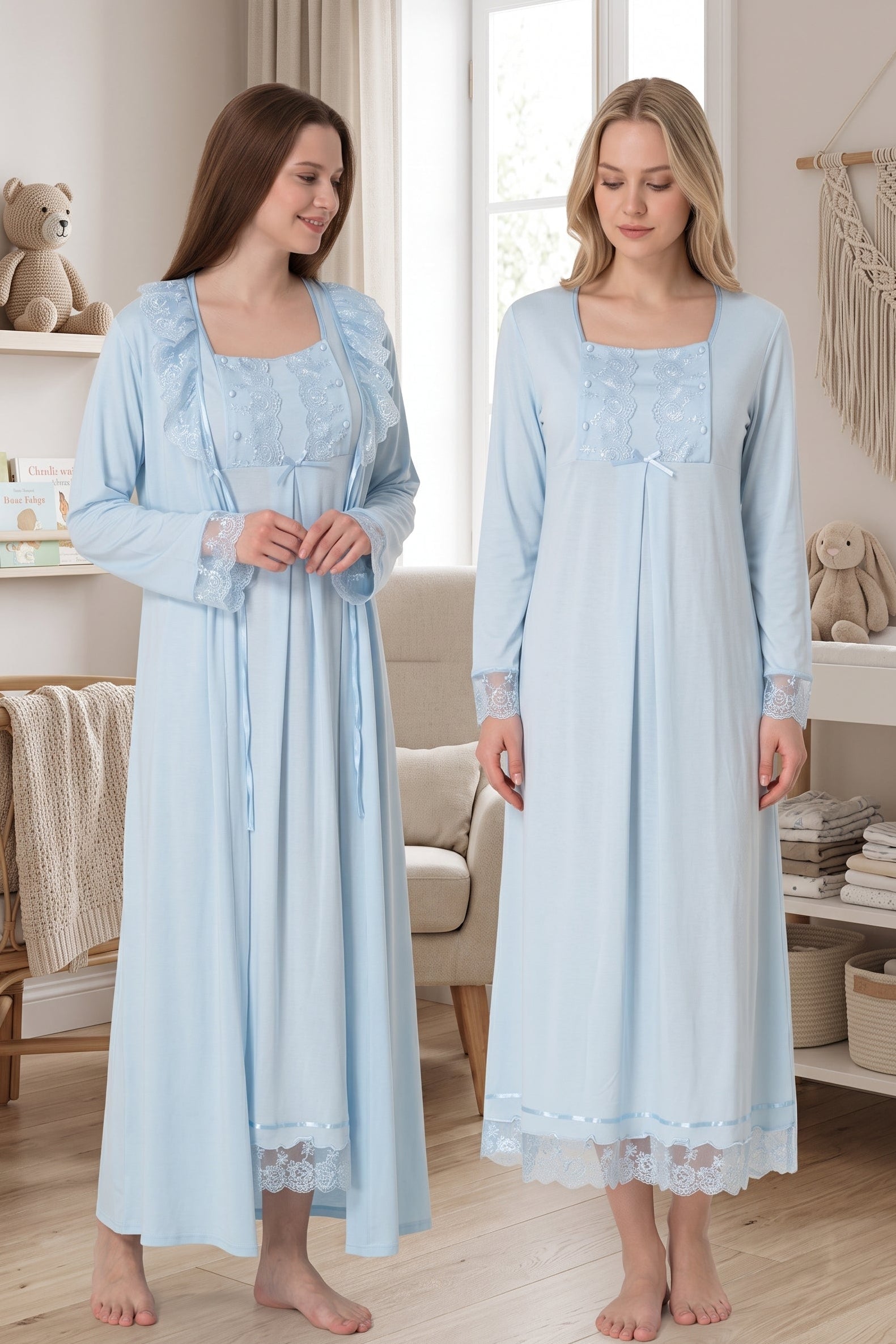 Lace Sleeve Maternity-Nursing Nightgown & Robe Set Blue - 3041