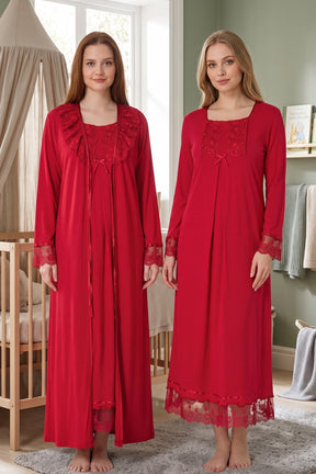 Lace Sleeve Maternity-Nursing Nightgown & Robe Set Cherry - 3041