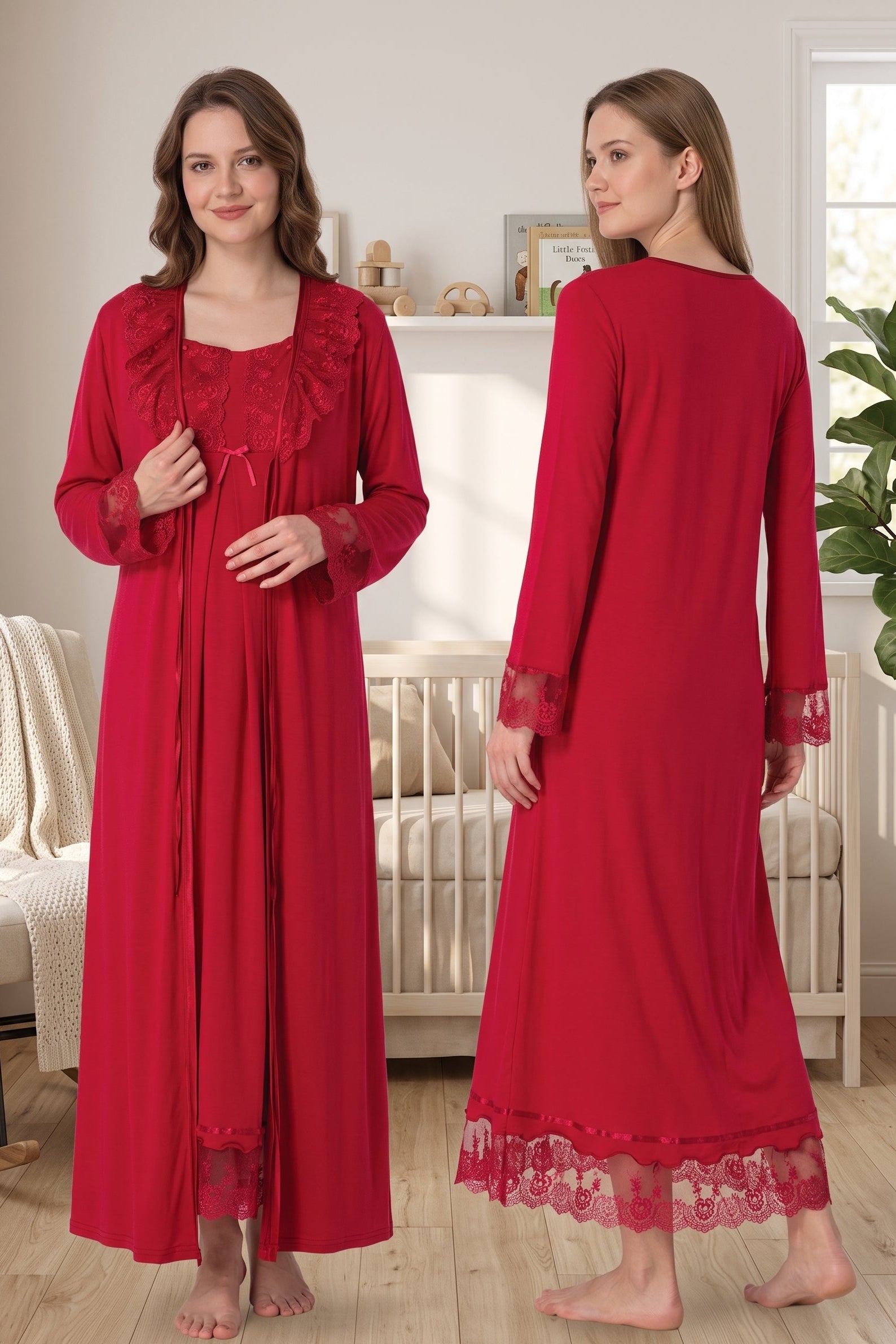 Lace Sleeve Maternity-Nursing Nightgown & Robe Set Cherry - 3041