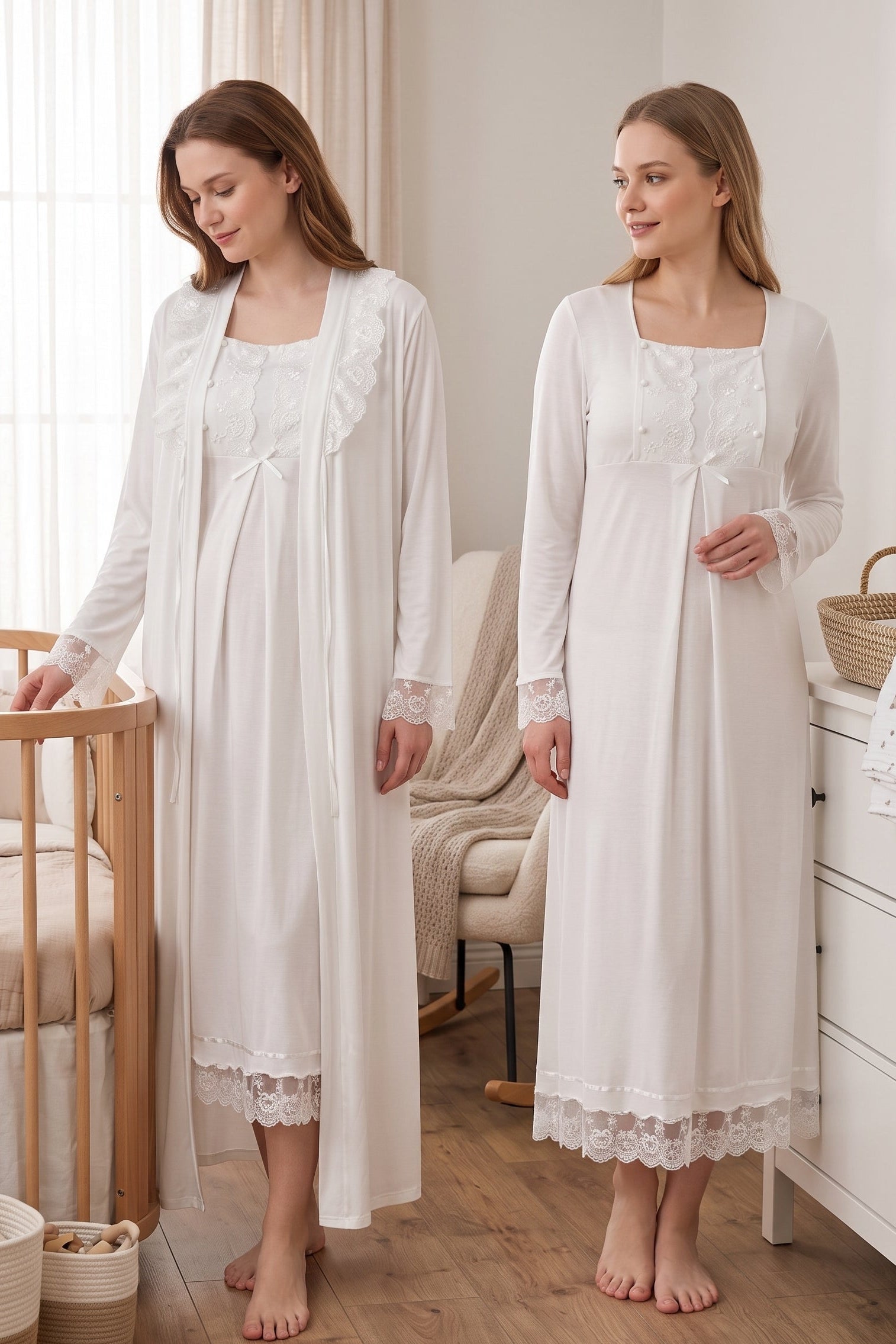 Lace Sleeve Maternity-Nursing Nightgown & Robe Set Ecru - 3041