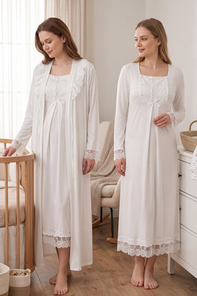 Lace Sleeve Maternity-Nursing Nightgown & Robe Set Ecru - 3041