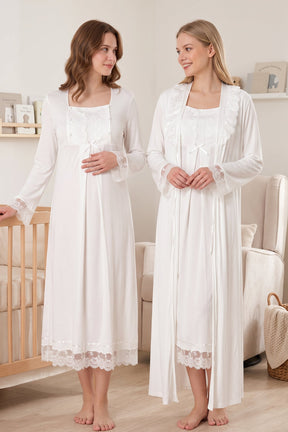Lace Sleeve Maternity-Nursing Nightgown & Robe Set Ecru - 3041