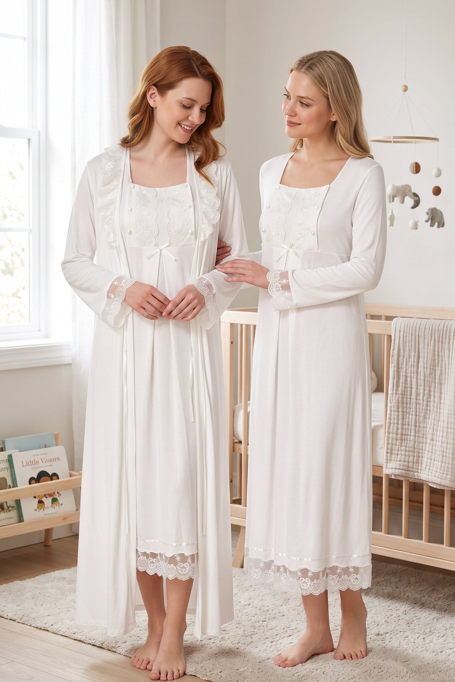 Lace Sleeve Maternity-Nursing Nightgown & Robe Set Ecru - 3041