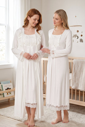 Lace Sleeve Maternity-Nursing Nightgown & Robe Set Ecru - 3041