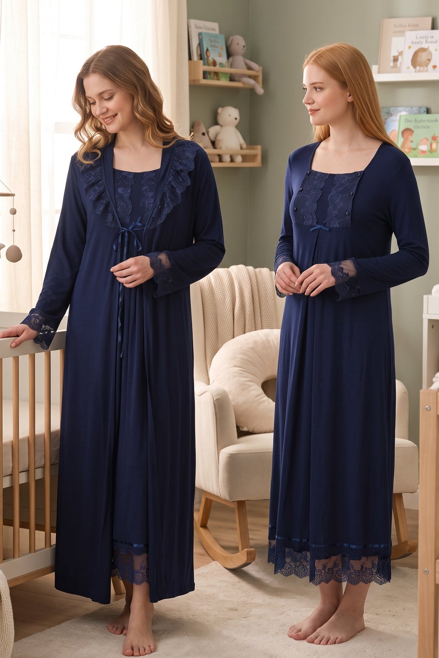 Lace Sleeve Maternity-Nursing Nightgown & Robe Set Navy Blue - 3041