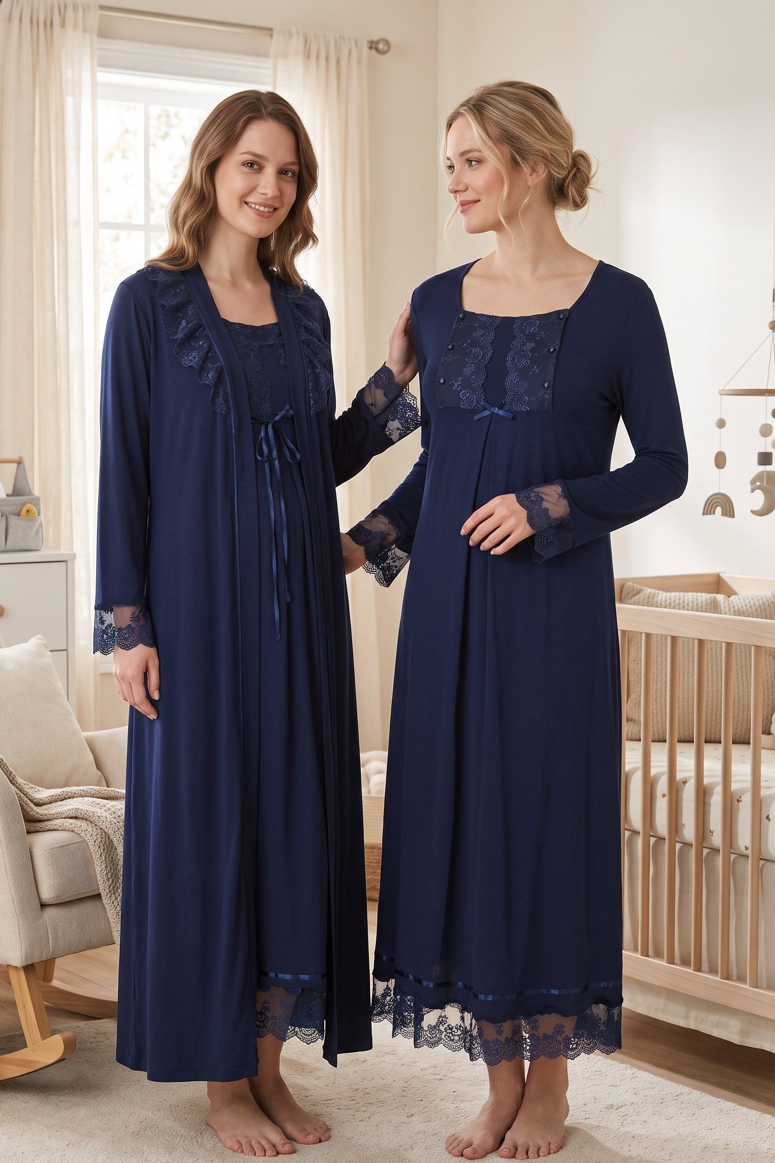 Lace Sleeve Maternity-Nursing Nightgown & Robe Set Navy Blue - 3041