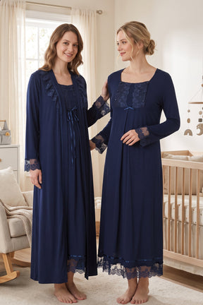 Lace Sleeve Maternity-Nursing Nightgown & Robe Set Navy Blue - 3041