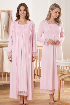 Lace Sleeve Maternity-Nursing Nightgown & Robe Set Pink - 3041