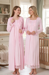 Lace Sleeve Maternity-Nursing Nightgown & Robe Set Pink - 3041