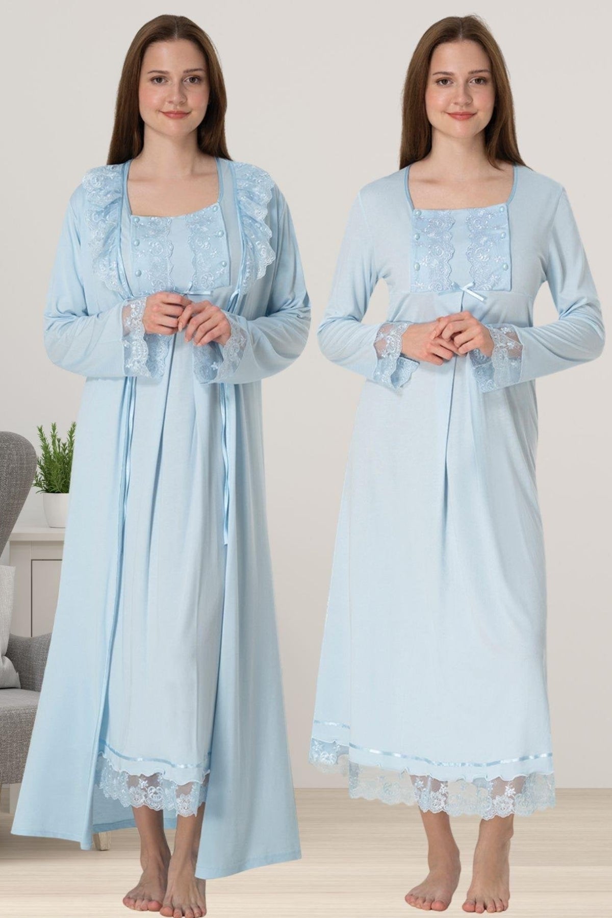 Lace Sleeve Maternity-Nursing Nightgown & Robe Set Blue - 3041