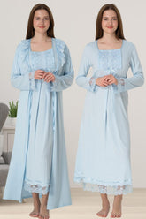Lace Sleeve Maternity-Nursing Nightgown & Robe Set Blue - 3041