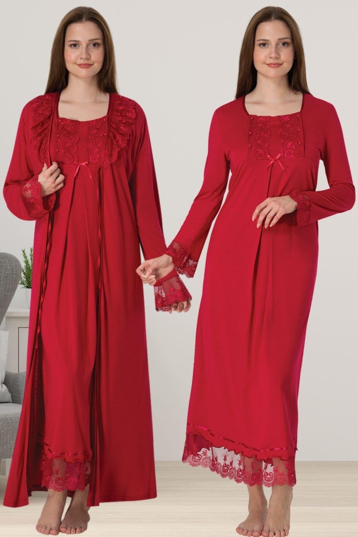 Lace Sleeve Maternity-Nursing Nightgown & Robe Set Cherry - 3041