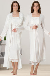 Lace Sleeve Maternity-Nursing Nightgown & Robe Set Ecru - 3041